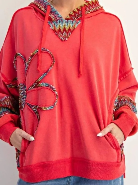 easel Tops - New Easel Poppy Red Daisy Patch Terry Hoodie Oversized Washed Pullover Small